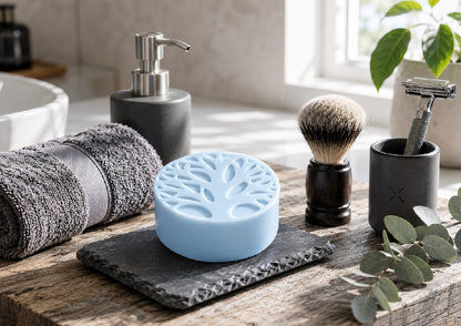Blue Tea-Licious solid lotion bar in spa bathroom with towel, brush and soft natural sunlight.