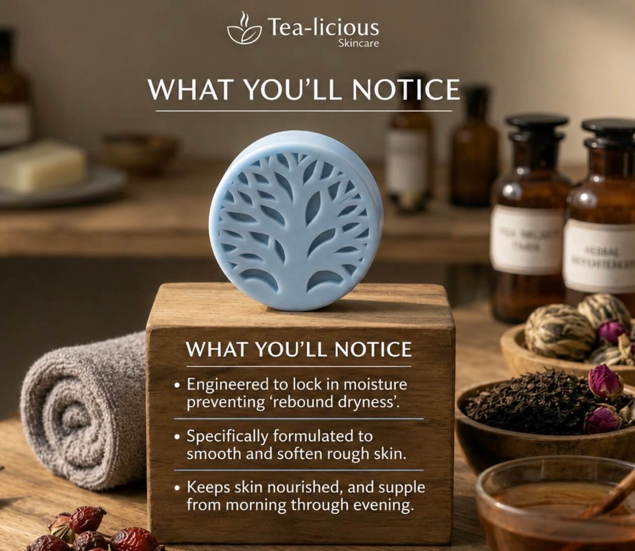 Blue Tea-Licious solid lotion bar with skin-softening and moisture-locking benefits in spa setting.