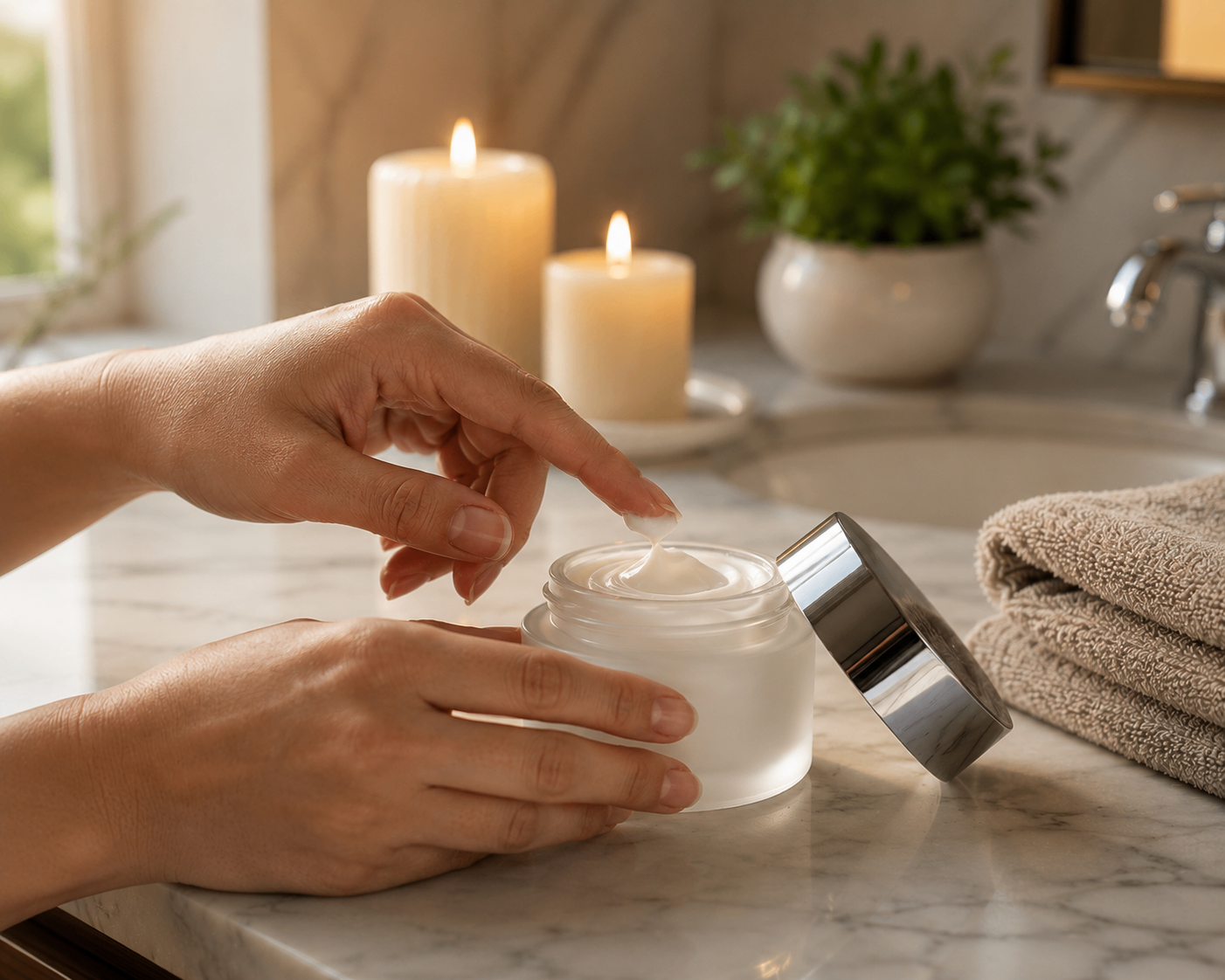 Real hands scooping Tea-licious body cream on marble vanity with candles and folded towels nearby