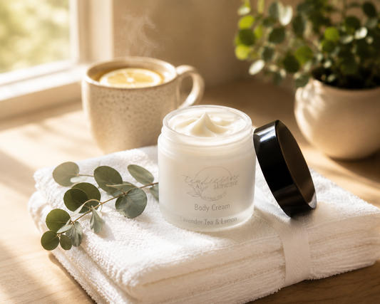 Tea-licious skincare Body cream jar on a towel with a cup and plant in the background