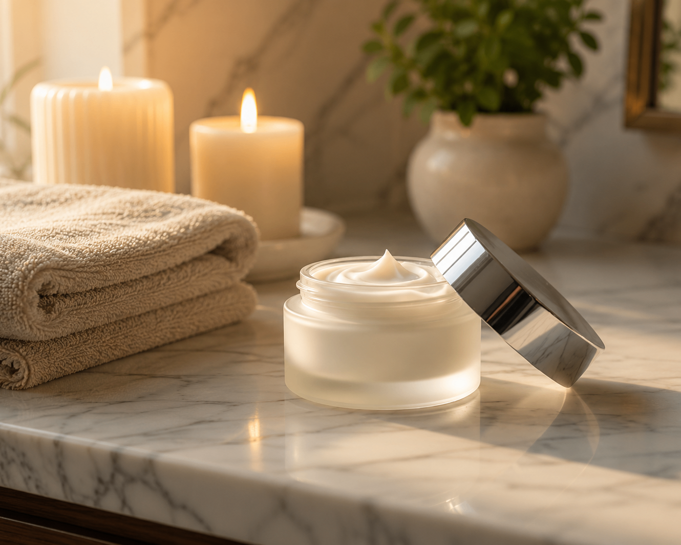 Tea-licious body cream on marble vanity with folded towels and candles in warm spa bathroom light