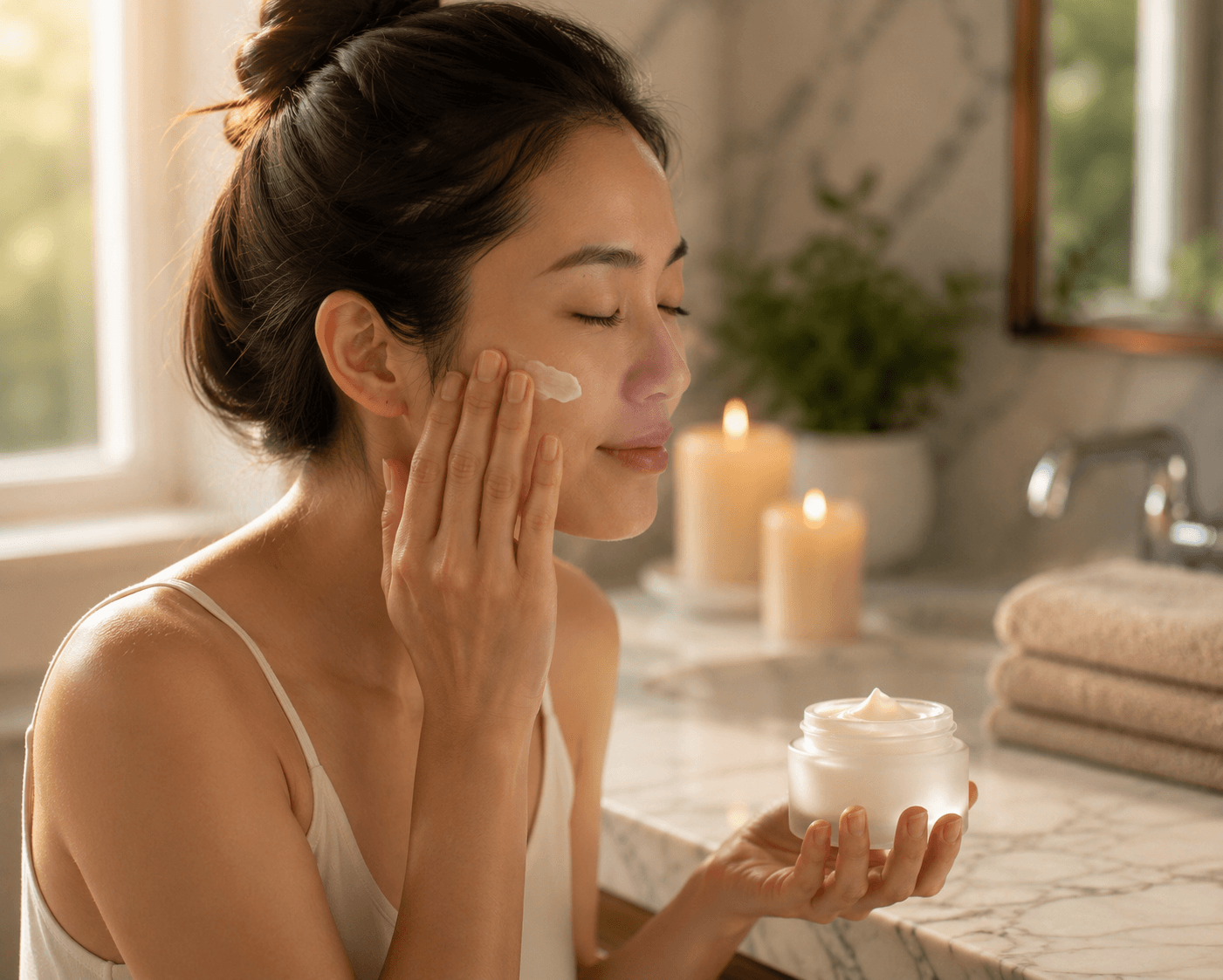 Woman applying Tea-licious body cream with visible real skin texture in warm luxury bathroom light