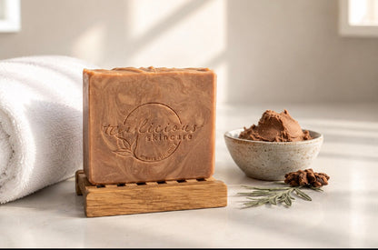 Tea-infused Cashmere & Cocoa Butter soap bar on wooden dish beside clay and towel in soft light