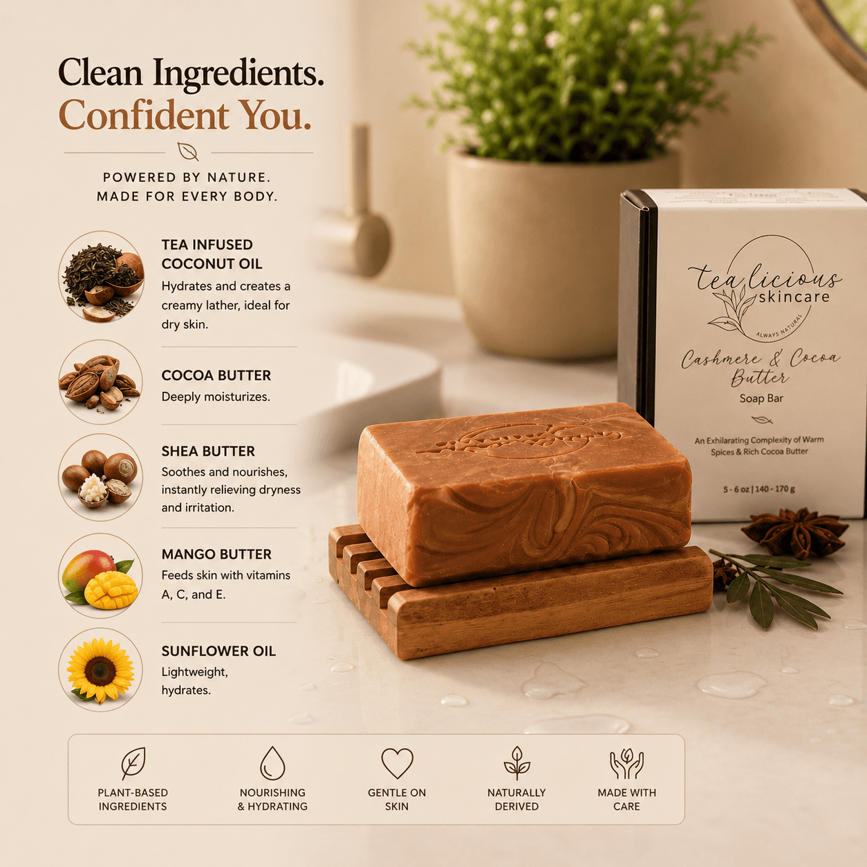 Tea-licious Cashmere & Cocoa Butter soap bar with ingredient benefits infographic in warm spa bathroom light.