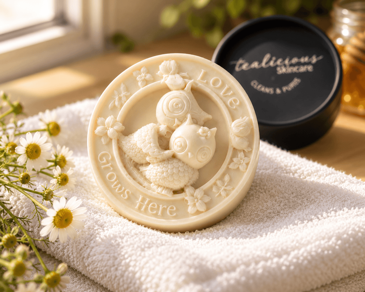 Tea-licious Chamomile & Honey owl massage bar on a white towel beside its black container, chamomile flowers and a honey jar.