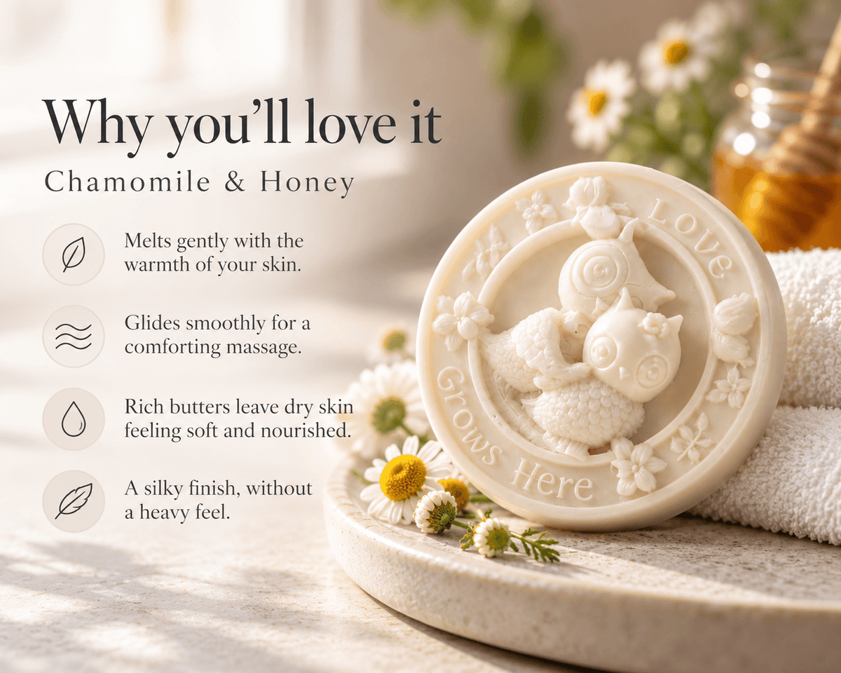 Tea-licious Chamomile & Honey owl massage bar beside chamomile flowers. Benefits highlight melting with skin warmth, smooth massage glide, soft nourished skin and a silky finish without a heavy feel.