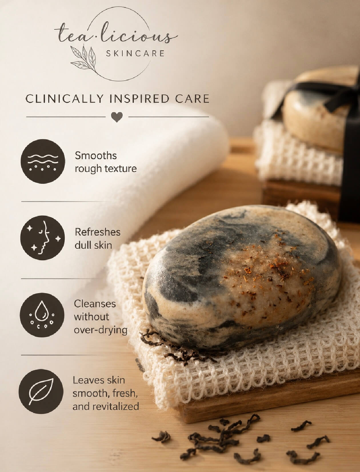 Black tea soap clinical benefits showing charcoal bar with texture-refining and refreshing skincare claims.