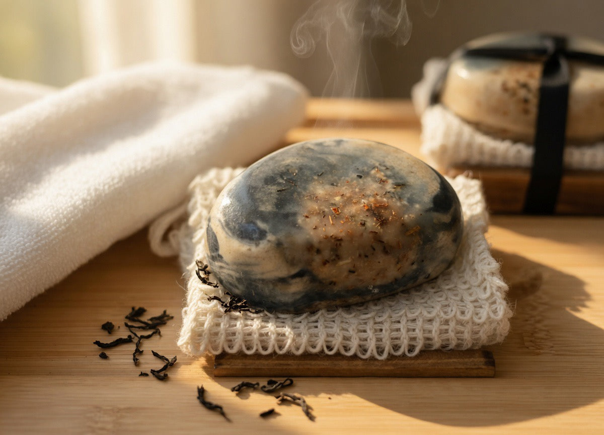 Charcoal tea soap resting on textured cloth with tea leaves in warm morning spa-inspired lighting.