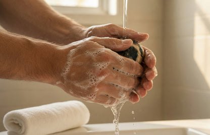 Hands holding wrapped charcoal tea soap gift with natural fabric and warm botanical spa styling.