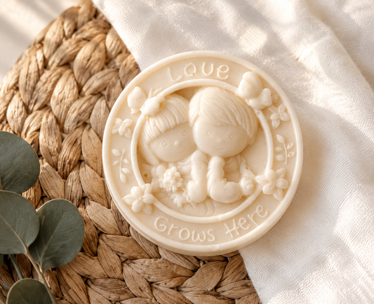 Round cream-colored Tea-licious Skincare massage bar featuring a detailed carved scene of a boy and girl holding hands, encircled by delicate flowers with the raised text “Love Grows Here” along the border, resting on a woven mat with white fabric and eucalyptus leaves.