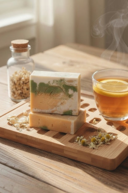 Tea-infused citrus soap with chamomile flowers and tea beside warm sunlight on wood surface.