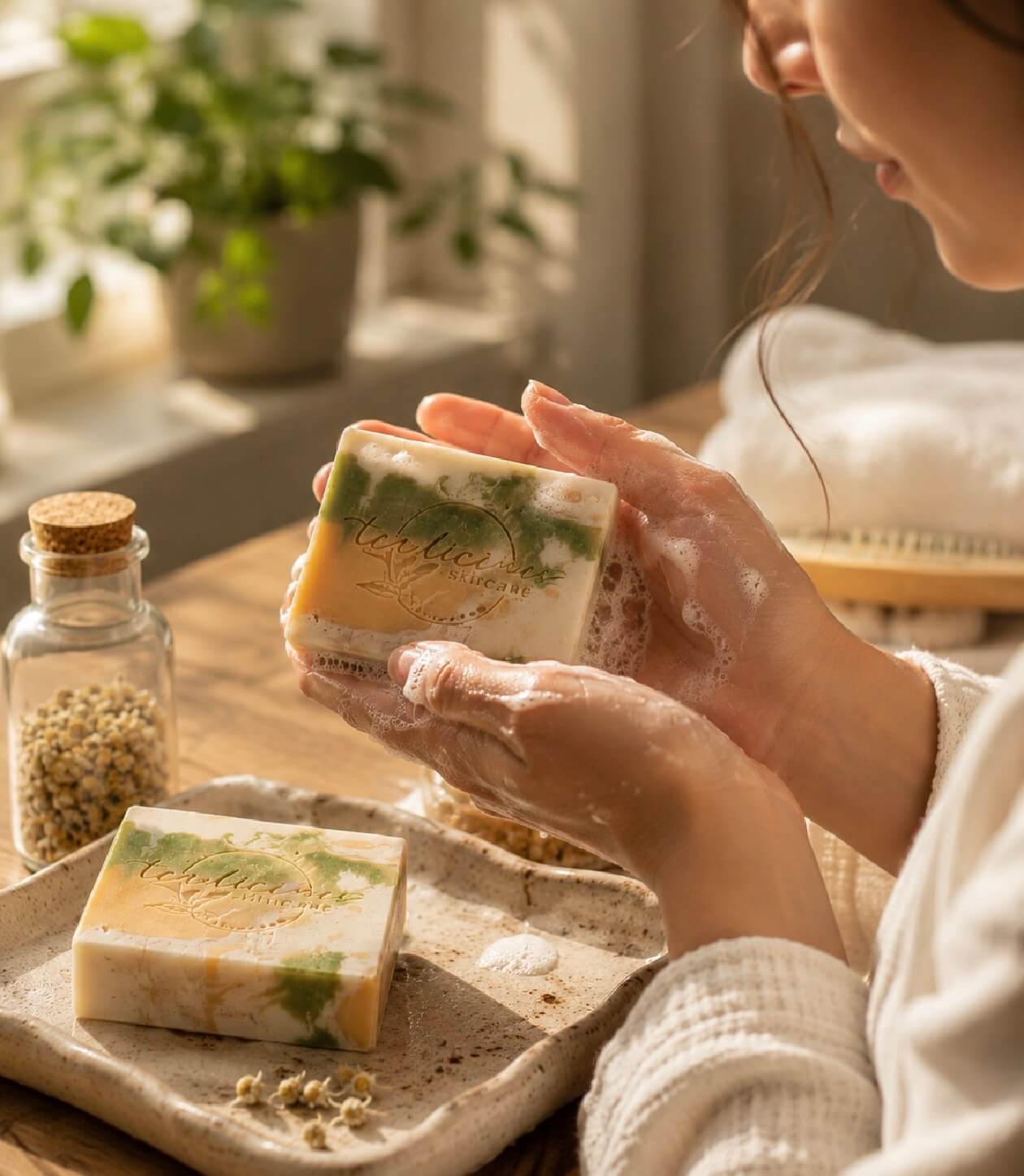 Hands lathering tea-infused citrus soap with botanicals in warm natural morning window light.