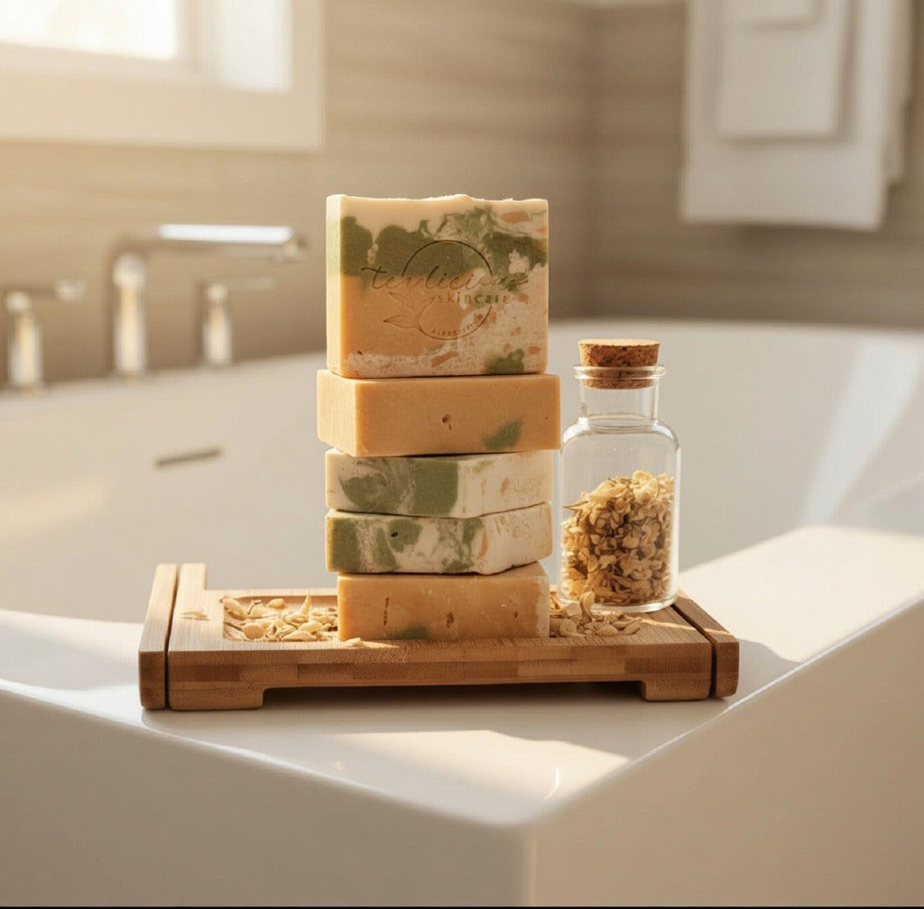 Stacked tea-infused citrus soap bars on wooden tray in warm bathroom morning light setting.