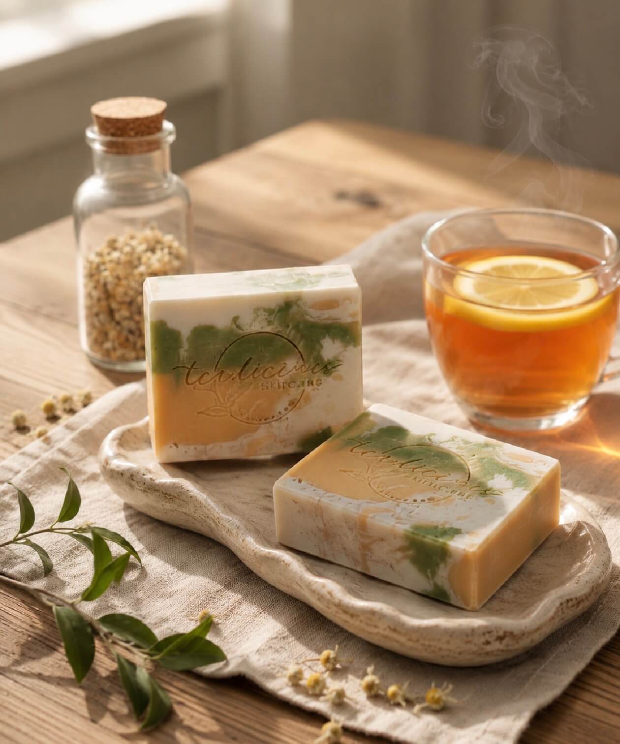 Tea-infused citrus soap bars with herbal tea and botanicals in warm natural morning sunlight.