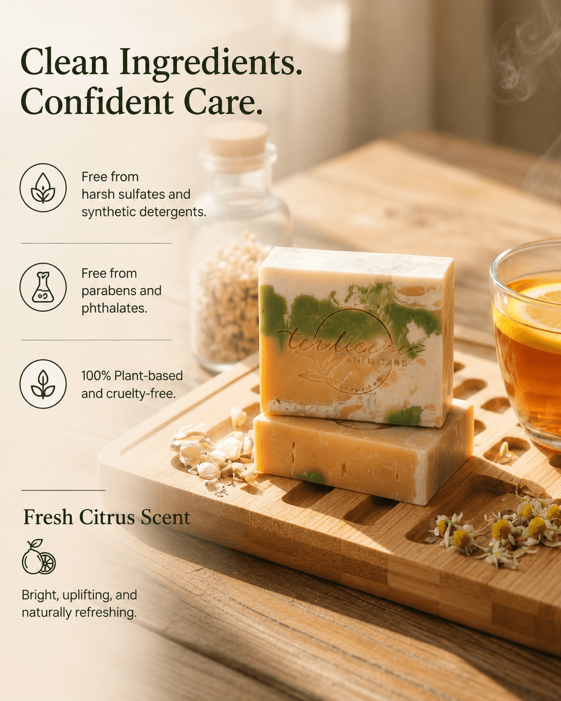Tea-infused soap bar infographic highlighting sulfate-free, paraben-free and cruelty-free benefits.