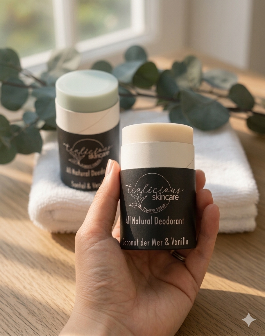 Hand holding Tea-Licious Skincare All Natural Deodorant stick in Coconut der Mer & Vanilla scent, with clean black label and white cap, against soft white towels and natural wooden background with eucalyptus leaves.