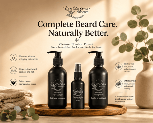 Tea-Licious Skincare complete beard care collection with beard shampoo, beard oil, and shaving cream shown in a warm clinical benefits graphic with eucalyptus and natural light.
