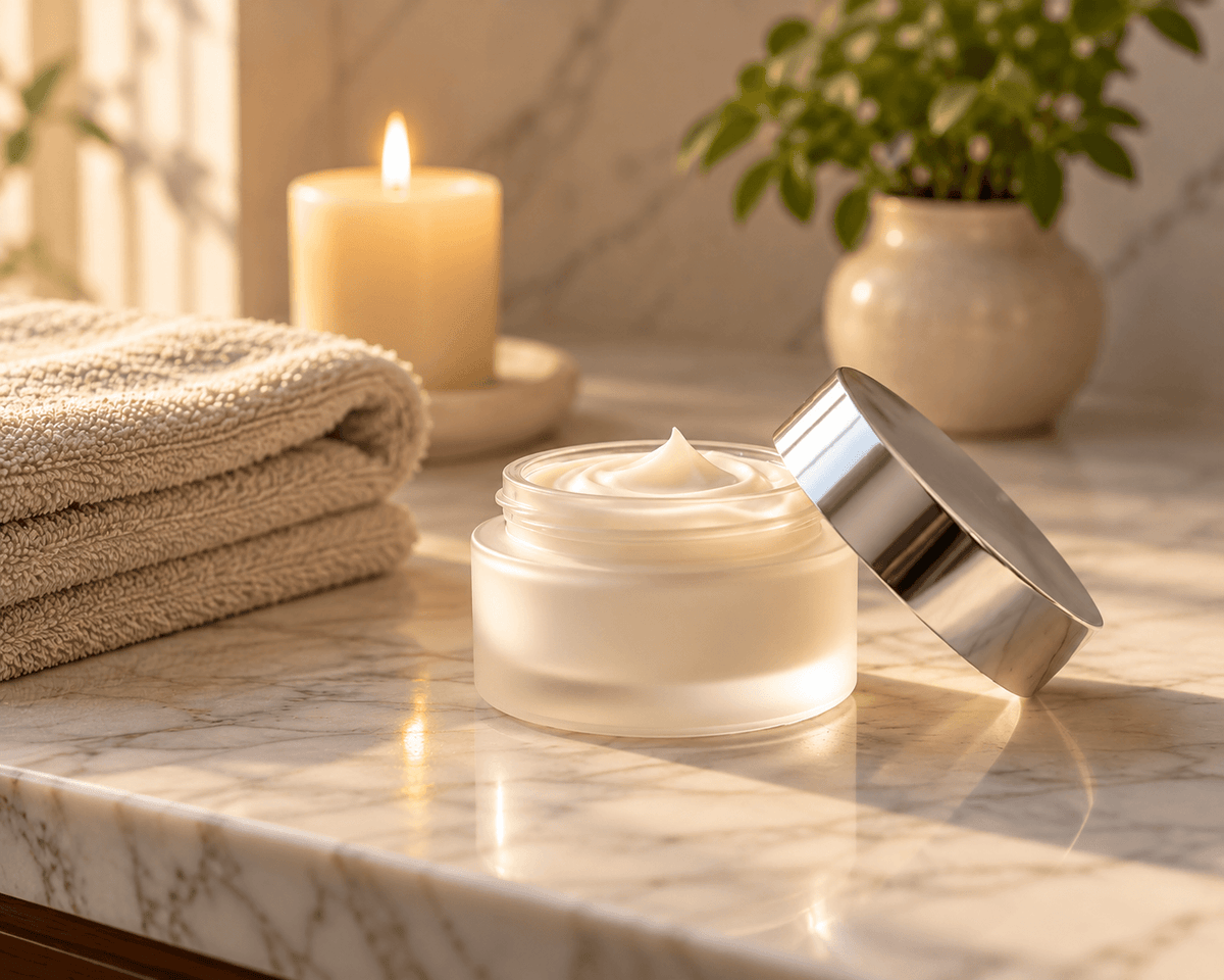 Open frosted glass jar of ivory skincare cream with a silver lid on a marble vanity, beside folded beige towels, a lit candle and a green plant in warm natural light.