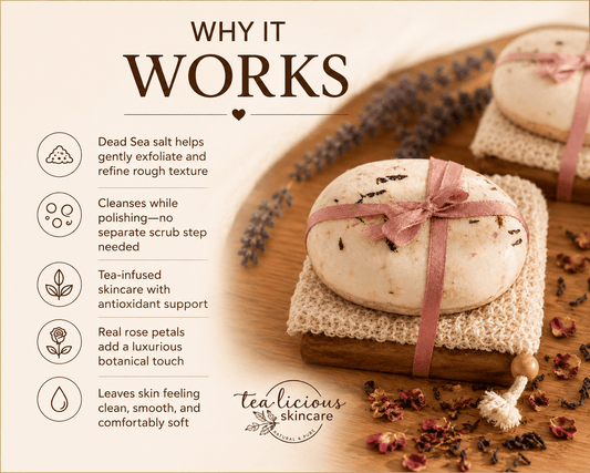 Tea-licious Dead Sea Salt Rose Tea Soap clinical benefits image showing exfoliating soap with rose petals and tea-infused skincare benefits.