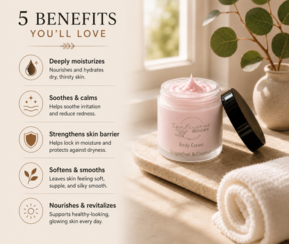 Tea-licious Dragonfruit & Coconut body cream with whipped pink texture beside towel 