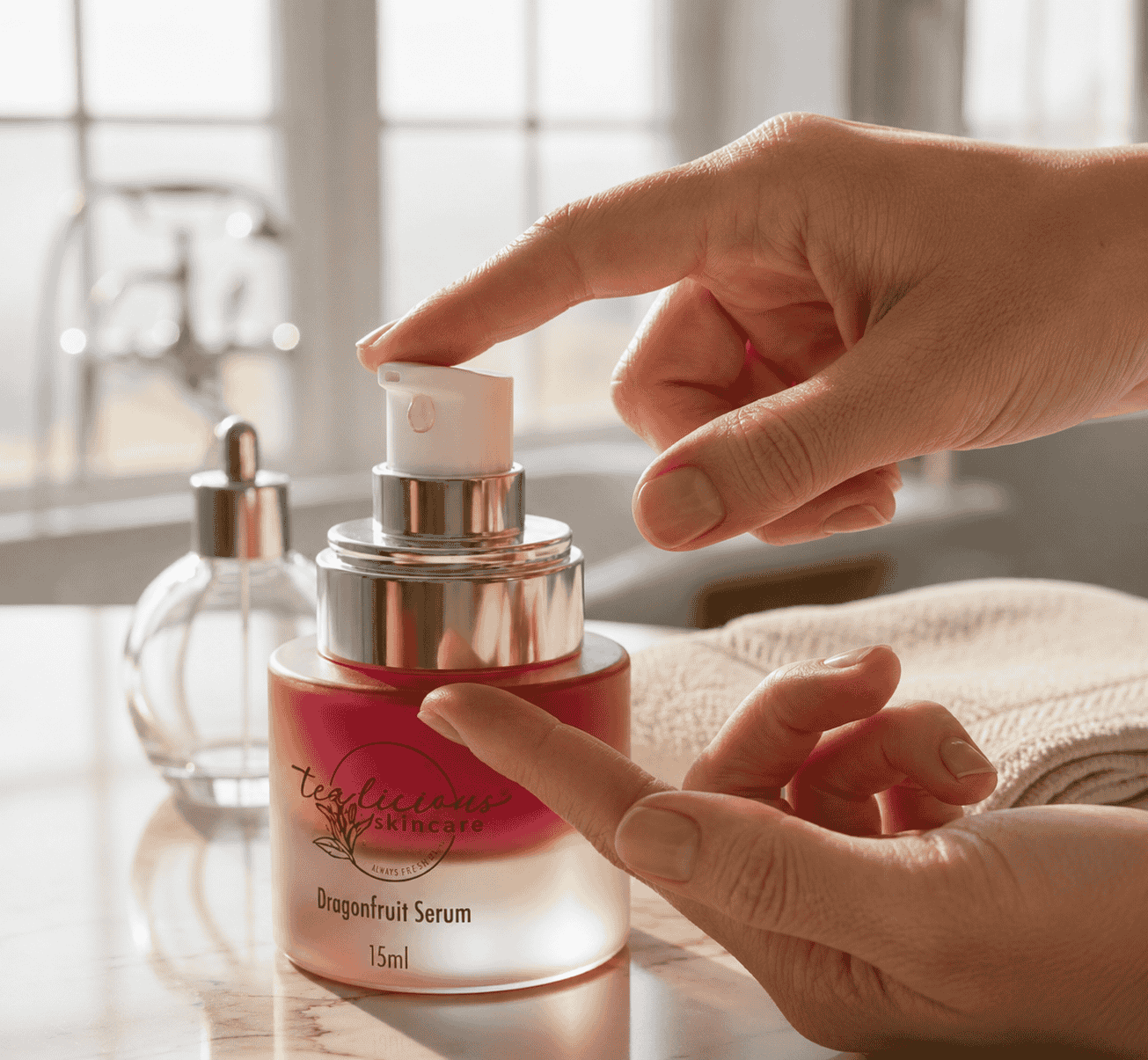 Hand dispensing Tea-licious Dragonfruit serum in elegant bathroom with soft morning natural light.