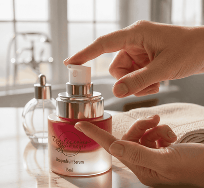Hand dispensing Tea-licious Dragonfruit serum in elegant bathroom with soft morning natural light.