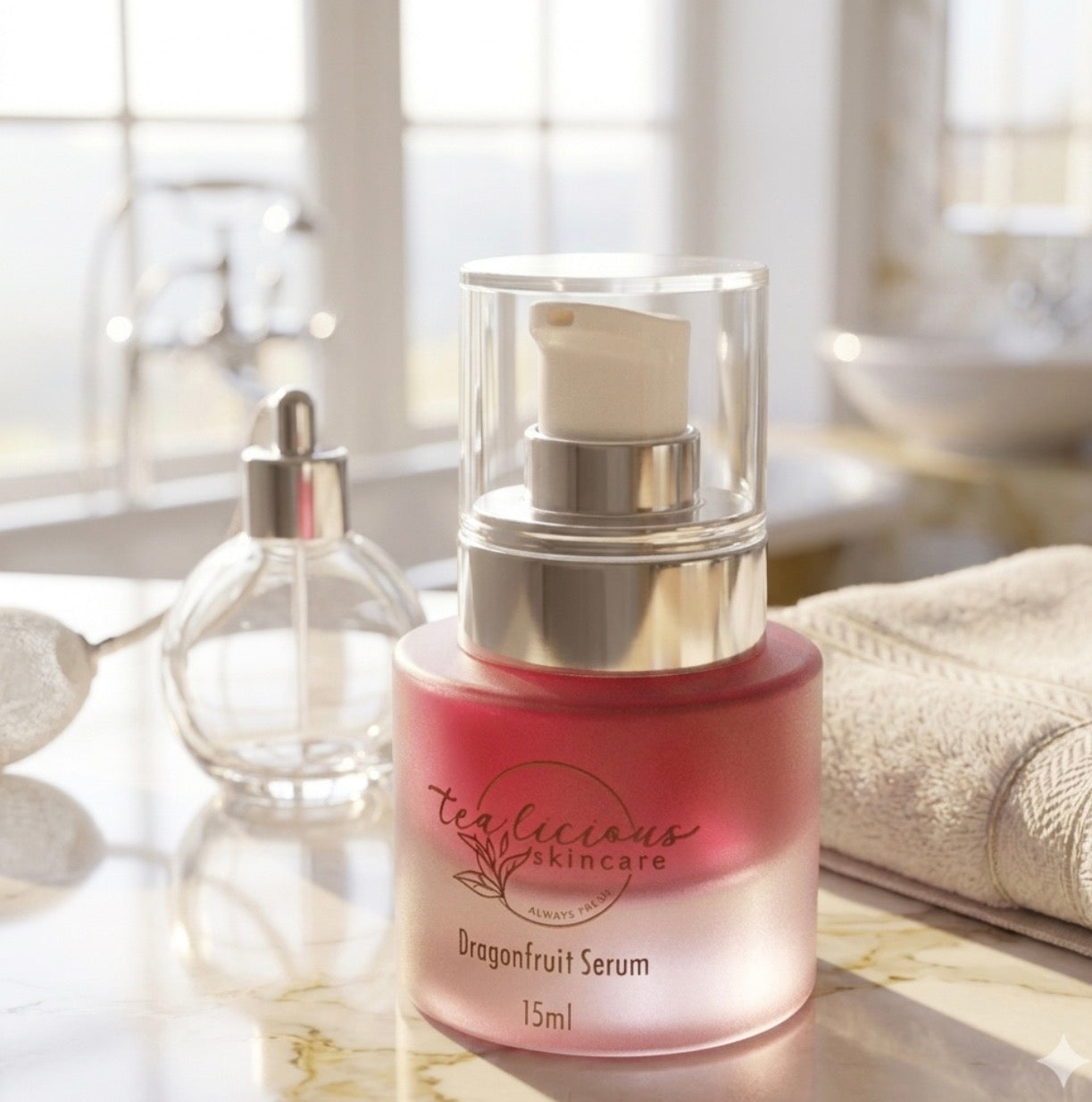 Tea-licious Dragonfruit serum on elegant bathroom counter in soft morning light, luxury skincare