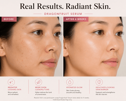 Before and after Tea-licious Skincare dragonfruit serum comparison showing brighter, smoother, more even looking skin 