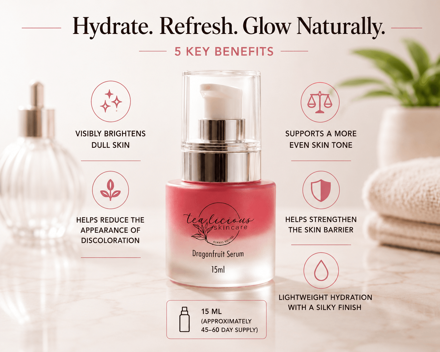 Dragonfruit serum clinical benefits graphic showing brighter, hydrated, balanced skin and barrier support.