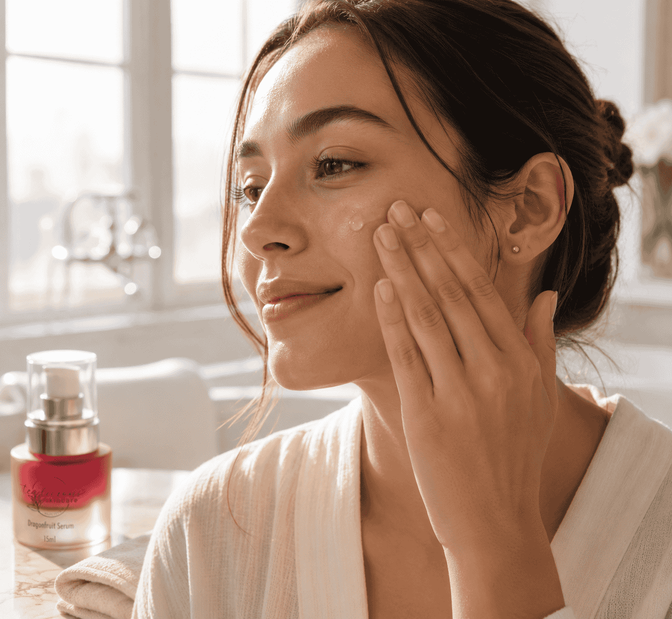 Woman using Tea-licious Dragonfruit serum in elegant bathroom with soft morning natural light.