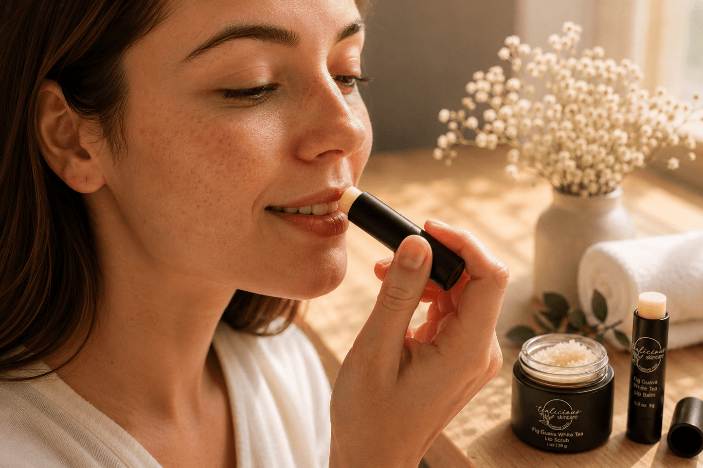 Woman applying Tea-licious Fig Guava White Tea lip balm in warm morning light with real skin texture