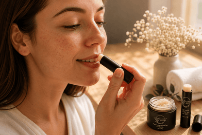 Woman applying Tea-licious Fig Guava White Tea lip balm in warm morning light with real skin texture