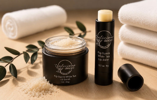 Tea-licious Fig Guava White Tea lip scrub and lip balm in warm spa setting with soft morning light