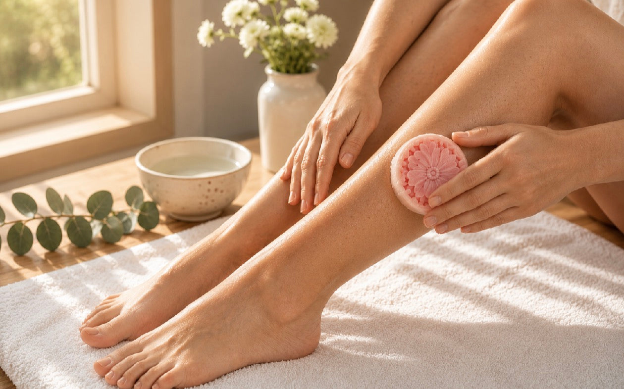 A person applying a handcrafted pink floral lotion bar to their legs in a bright, clean wellness setting.