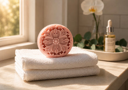 A beautiful pink floral lotion bar resting on a stack of white towels in a minimalist, sunlit space.
