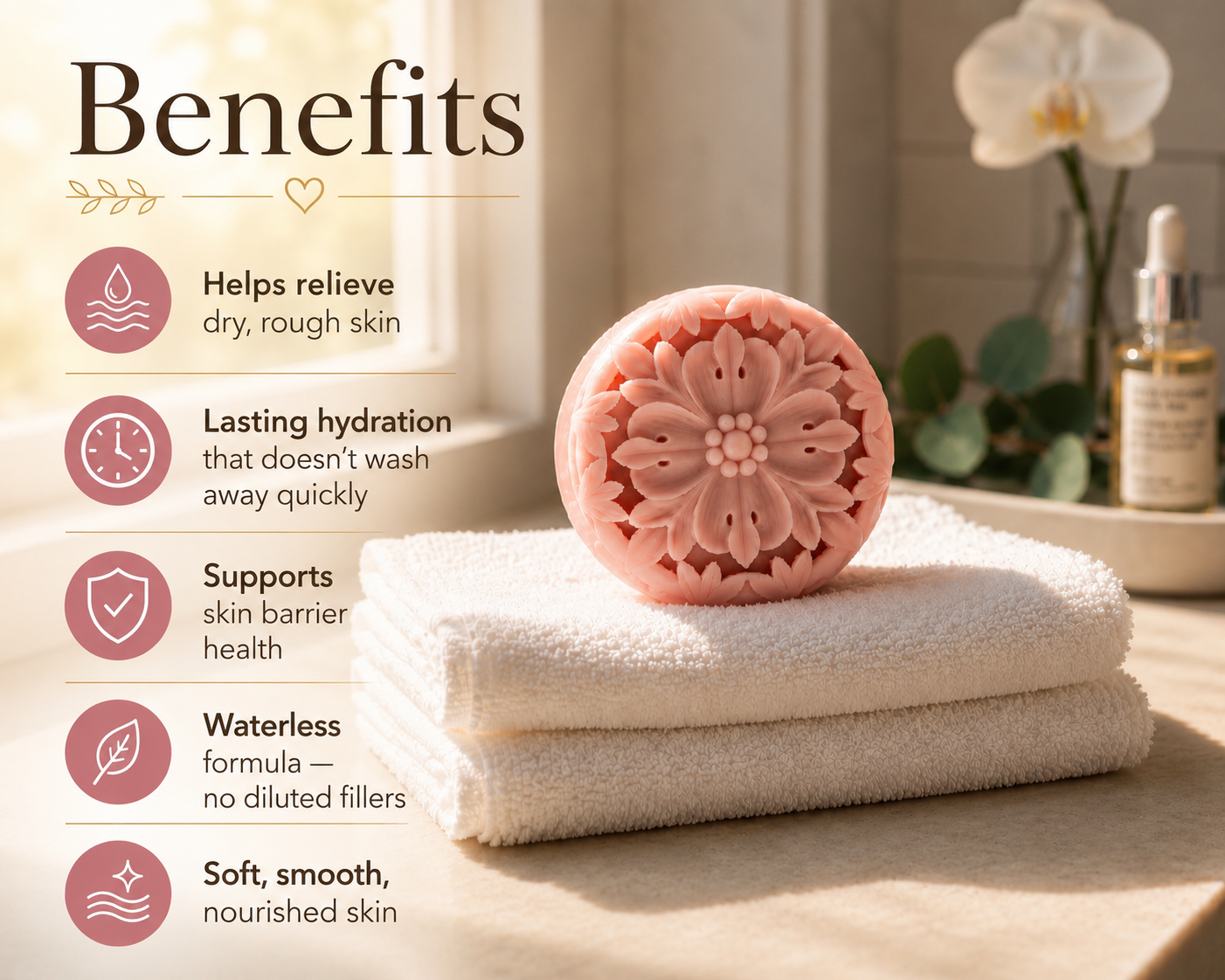 A handcrafted pink floral lotion bar displayed on a white towel, accompanied by a list of five key benefits for skin health and nourishment.