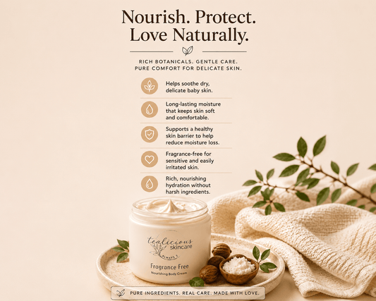 Tea-Licious fragrance-free baby cream with key benefits for delicate skin in a soft natural setting.