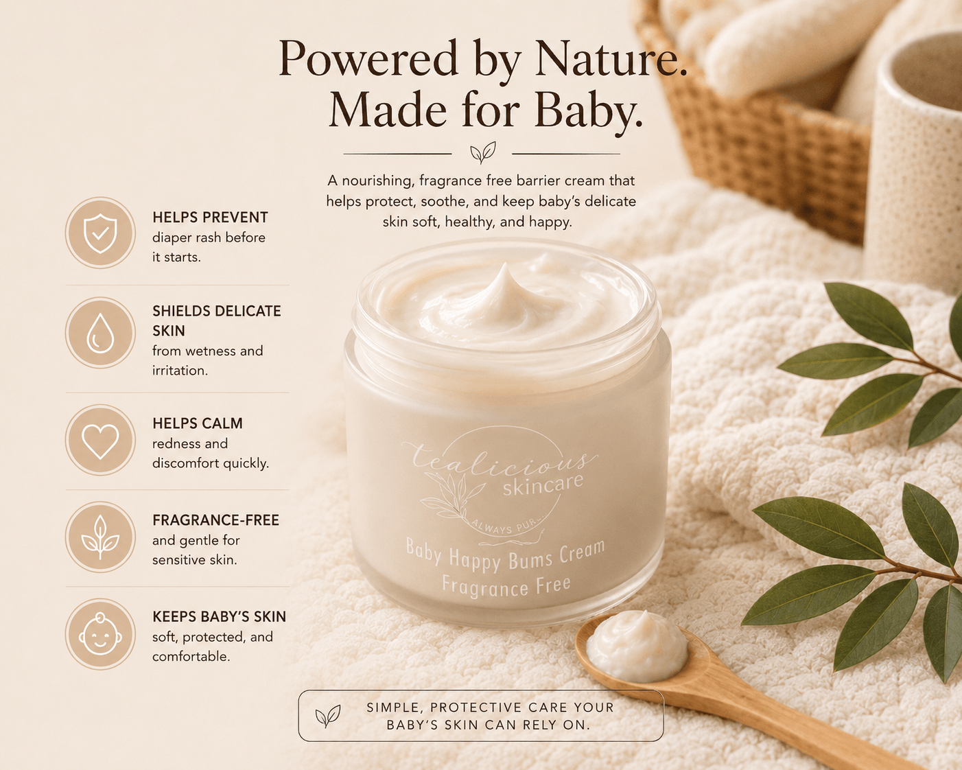 Tea-Licious fragrance-free baby diaper cream with protective barrier benefits for sensitive skin.