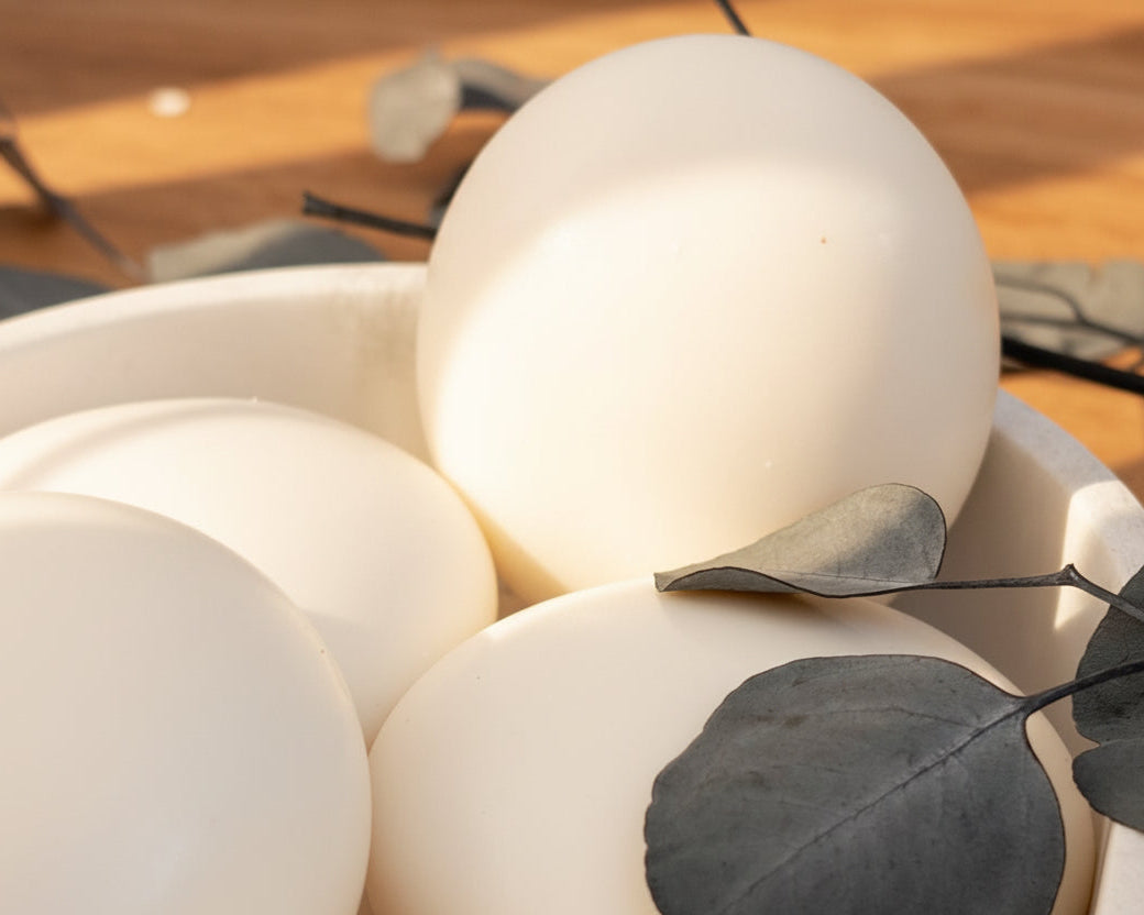 Fragrance-free Tea-licious soap bars arranged in a bowl with eucalyptus leaves and warm sunlight.