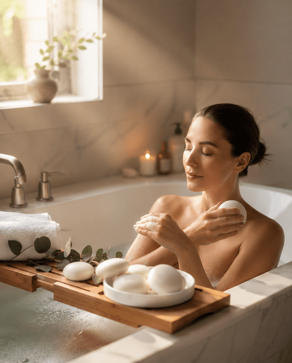 Woman relaxing in bath using Tea-licious fragrance-free soap bars in warm natural morning light.