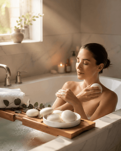 Woman relaxing in bath using Tea-licious fragrance-free soap bars in warm natural morning light.
