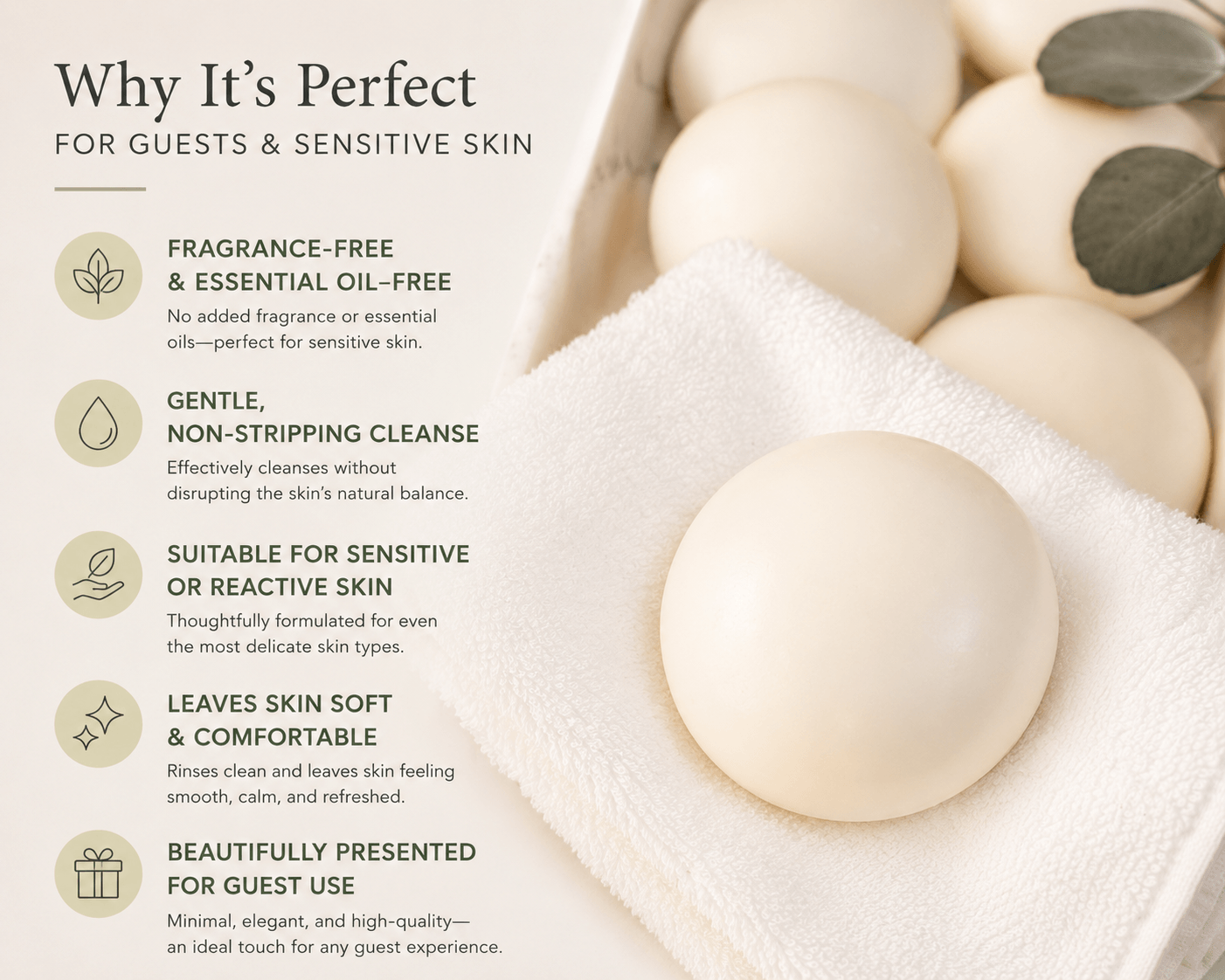 Clinical benefits graphic showing fragrance-free Tea-licious soap for sensitive skin and guest use.