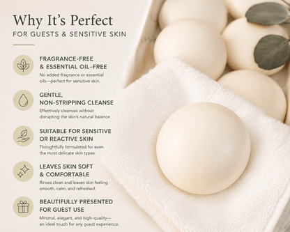 Clinical benefits graphic showing fragrance-free Tea-licious soap for sensitive skin and guest use.