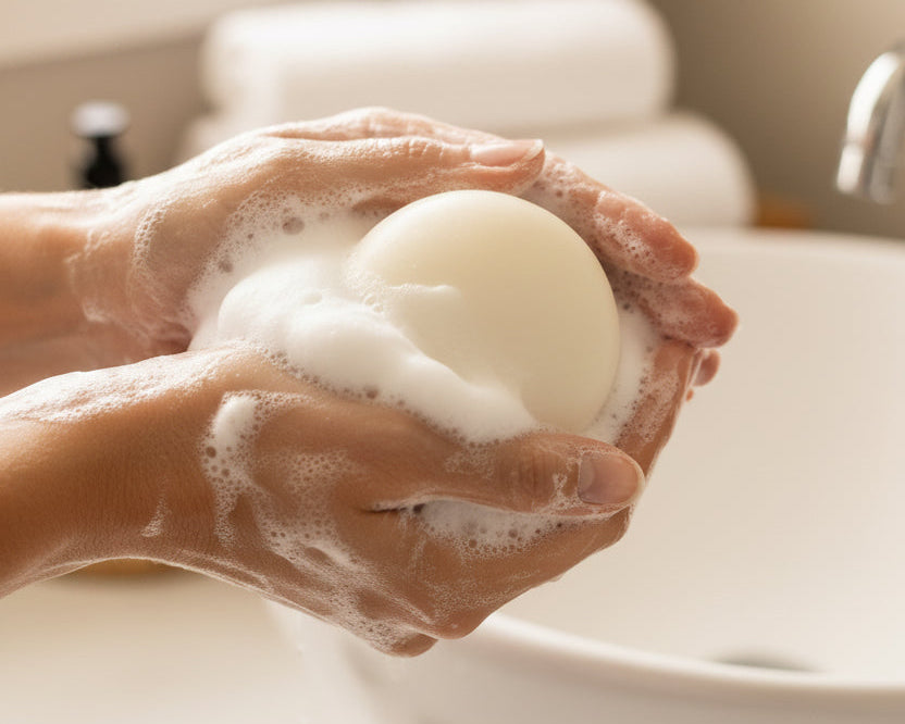 Hands holding a Tea-licious fragrance-free soap bar with rich creamy lather during cleansing.