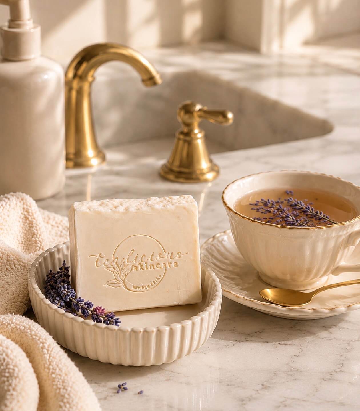 Fresh milk soap bar beside lavender tea in warm spa setting with soft towels and golden sunlight.