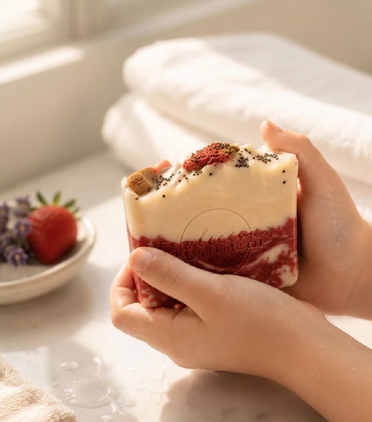 Tea-infused soap with creamy lather, skin barrier support and bright fruity citrus fragrance.