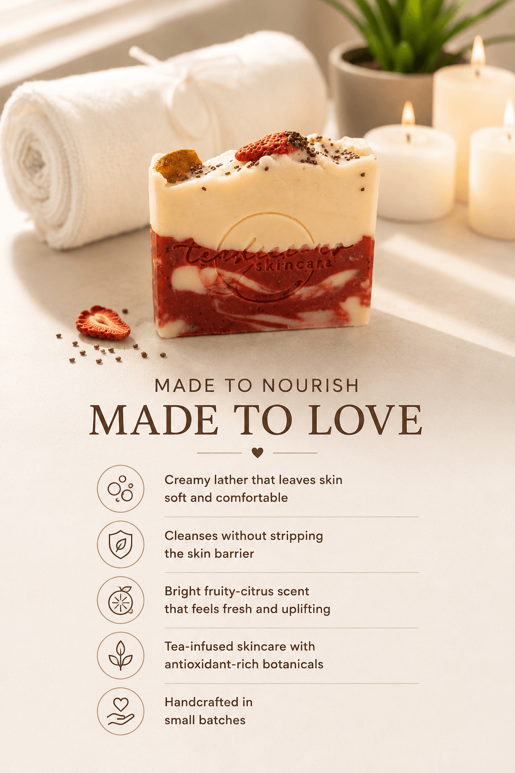 Tea-infused soap with creamy lather, skin barrier support and bright fruity citrus fragrance.
