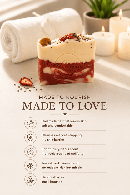 Tea-infused soap with creamy lather, skin barrier support and bright fruity citrus fragrance.