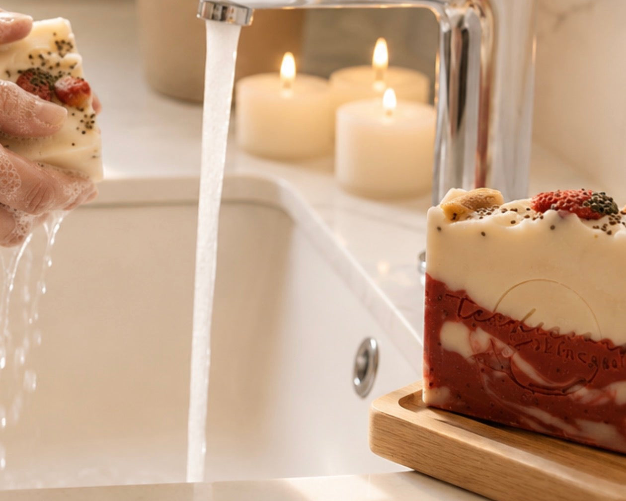 Tea-infused soap bar beside sink with rich lather, fresh fruit botanicals and warm spa ambiance.
