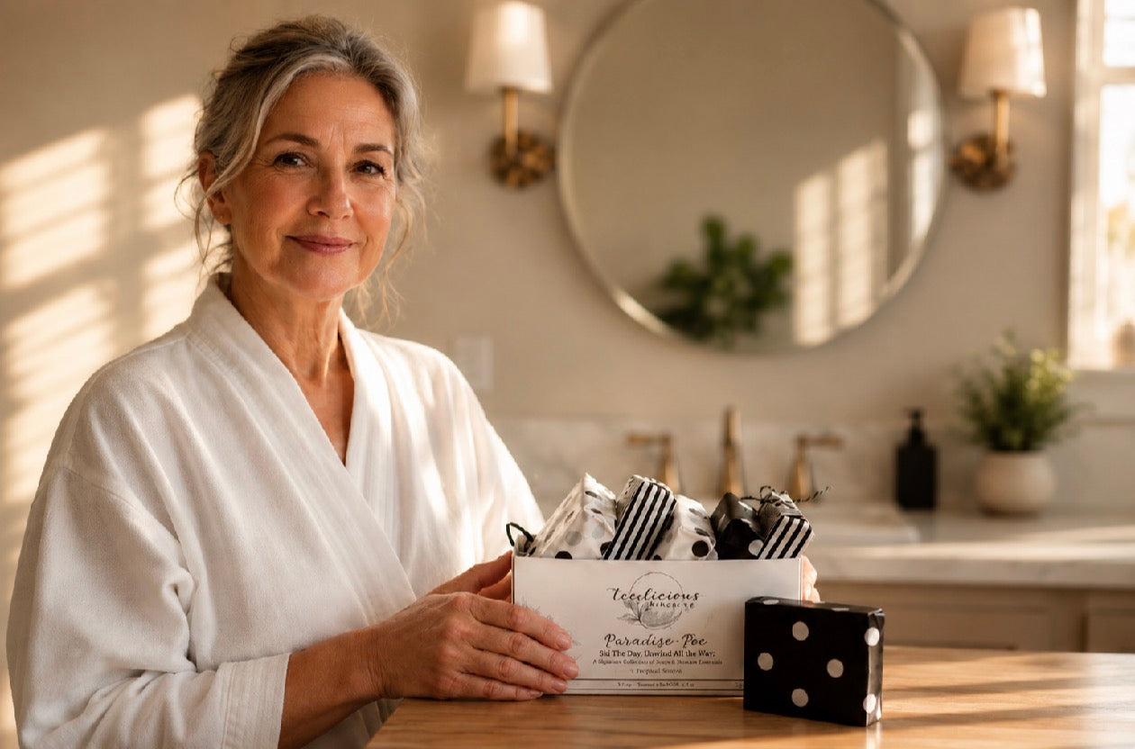 Woman holding Tea-licious gift set in spa-inspired bathroom with warm natural morning light.